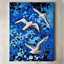 Impressionist bird painting, Seagulls wall art, Blue and white canvas wall art, Seagulls decor, Acrylic texture