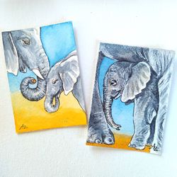 Elephant Painting ACEO Set Original Art Mother and Baby Watercolor Animal Small Artwork by PaintingsDollsByZoe