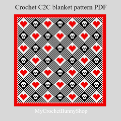 Crochet C2C Buffalo plaid Hearts Skulls blanket pattern PDF Download