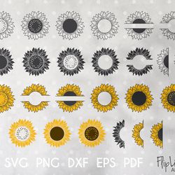 Sunflower Bundle SVG & PNG clipart, Half Sunflower Svg