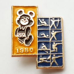 Pin Badge MISHA mascot USSR Olympic Games Moscow 1980 Sports Double Yellow-blue