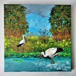 Bird landscape painting, Storks birds acrylic painting on canvas, Landscape art painting impasto