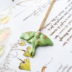 Ceramic Luna moth necklace Cute green moth pendant Butterfly lover gift  Saturnia Luna charm