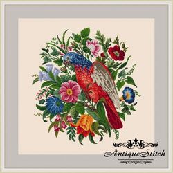 Antique Needlepoint Parrot in Flowers 01 Berlin Woolwork Vintage Cross Stitch Pattern PDF Tapestry Flowers