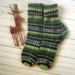 Socks. Green forest colors striped. Wool. Warm foot care in cold weather. Knitted handmade work.