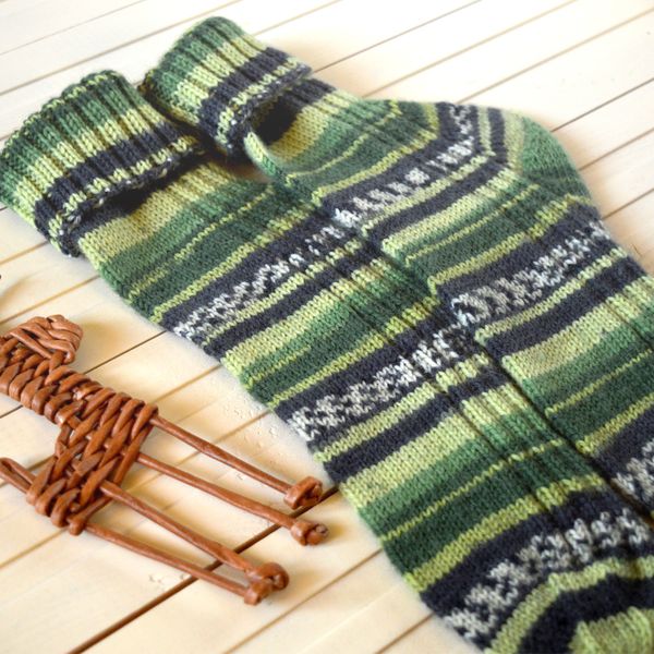 socks-green-forest-colors-striped-wool-warm-foot-care-cold-weather-knitted-handmade-merino