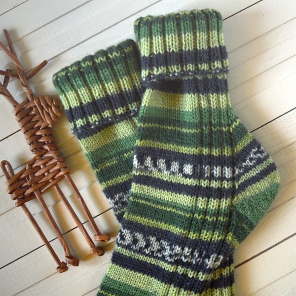 socks-green-forest-colors-striped-wool-warm-foot-care-cold-weather-knitted-handmade-comfort-walking-cozy-home