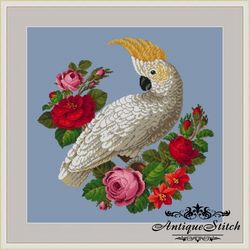 Antique Needlepoint White Cockatoo in Flowers 01 Berlin Woolwork Vintage Cross Stitch Pattern PDF Tapestry Flowers