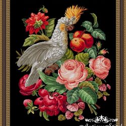 Antique Needlepoint White Cockatoo in Flowers 02 Berlin Woolwork Vintage Cross Stitch Pattern PDF Tapestry Flowers