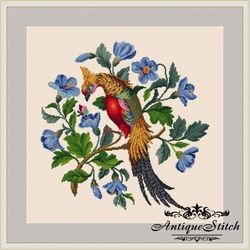 Antique Needlepoint Golden Pheasant in Flowers Berlin Woolwork Vintage Cross Stitch Pattern PDF Tapestry Flowers