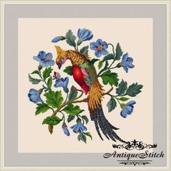 antique needlepoint golden pheasant in flowers berlin woolwork vintage cross stitch pattern pdf tapestry flowers