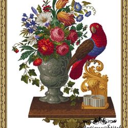 Antique Needlepoint Red Parrot in Flowers Berlin Woolwork Vintage Cross Stitch Pattern PDF Tapestry Flowers