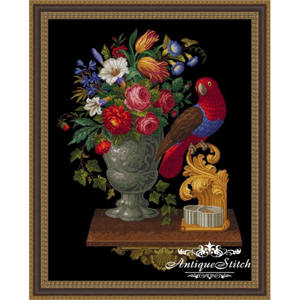 Flowers-Red-Parrot-antique-needlepoint-pattern