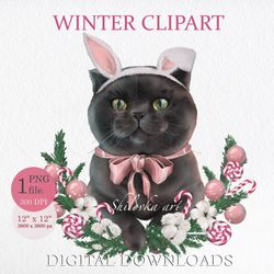 Cat in a hare costume, Digital illustration, Christmas wreath. Sublimation PNG. Clipart PNG. Digital download.