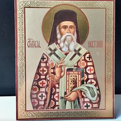 St. Nectarios of Aegena | Lithography icon print on Wood | Size: 5 1/4" x 4 1/2"
