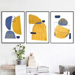 Abstract Modern Art Scandi Poster Yellow Blue Art Set Of 3 Wall Art Download Prints Large Art Triptych Mid Century Art