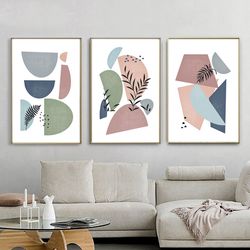 Scandi Print Abstract Art Blue Pink Art Modern Poster Set Of 3 Wall Art Instant Download Shapes Prints Large Triptych