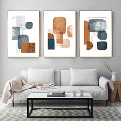 Abstract Art Prints, Navy Rust Art Modern Poster Set Of 3 Wall Art Large Scale Prints, Triptych Digital Download Prints