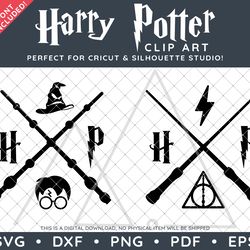 harry potter clip art svg dxf png pdf - two deathly hallows sorting hat simple magic wand cross designs