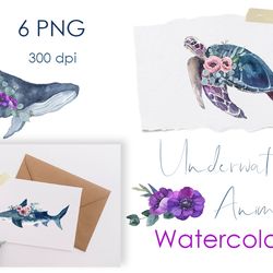 watercolor clipart. sea turtles. ocean animals with flowers. watercolor ocean animals clipart. baby showers, nursery png