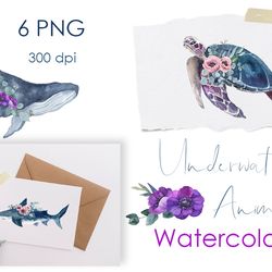 Watercolor Clipart. Sea Turtles. Ocean animals with flowers. Watercolor ocean animals clipart. Baby showers, nursery png