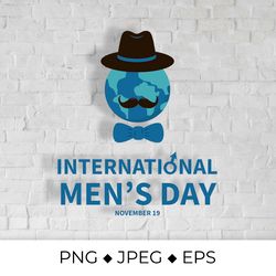 International Mens Day lettering with globe, hat and mustache