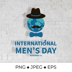 international mens day lettering with globe, hat and mustache