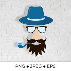 hipster flat icon. character with a beard, hat, and pipe