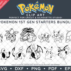 Pokemon Clip Art Design SVG DXF PNG PDF - 1st Gen Starters Outline Illustrations Bundle Plus FREE Logo & Font!