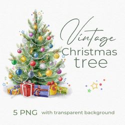 Vintage Christmas Tree Watercolor Clipart. 5 PNG transparent background