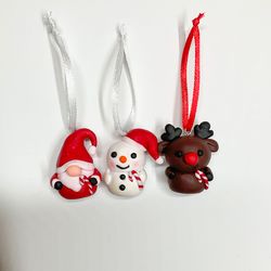 The set of Christmas ornaments made of polymer clay, Gnome, Snowman, Rudolf the deer ornaments set