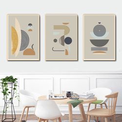 Mid Centure Modern Geometric Poster, Digital Download Prints, Large Triptych, Abstract Set Of 3 Art Gray Yellow Wall Art
