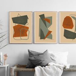 Geometric Abstract, Rust Green Wall Art, Set Of 3 Posters, Digital Download Prints, Mid Centure Modern, Large Triptych