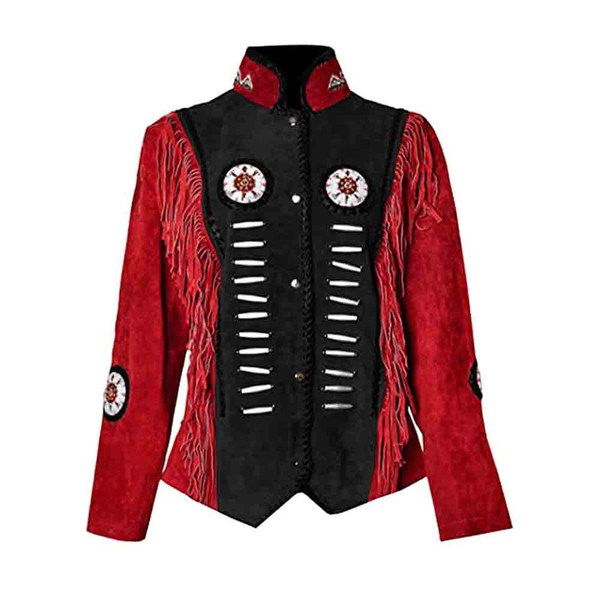 Red & Black Western Fringed Suede Leather Jacket.jpg