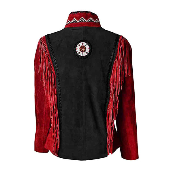 Red & Black Western Fringed Suede Leather Jacket1.jpg