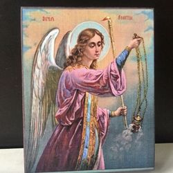 Angel With Censer | Icon Printing Mounted On Wooden Plate | Size: 12 X 10 Cm
