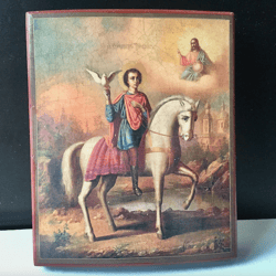 St Tryphon with falcon, Russian icon print mounted on wood | Size: 13 x 10 x 2 cm ( 5" x 4" )