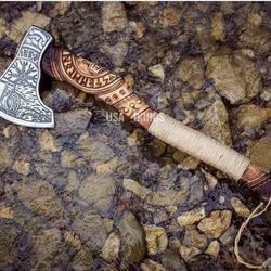 ragnar axe with free leather sheath, viking axe, bearded viking axe, gift for him, viking hatchet axe, viking gifts, axe