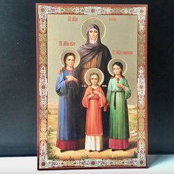 Saint Sophia & her three daughters: Faith, Hope, and Love | Russian icon on wood, 8" x 5" | Made in Russia