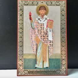 Saint Spyridon, Bishop of Trimythous | Lithography icon print on Wood | Size: 11" x 4"