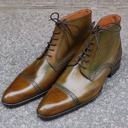 Men Handmade Cap Toe Leather Ankle High Lace Up Boots, Men's Leather Boots