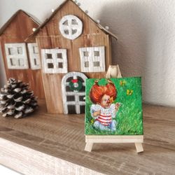 Miniature oil painting.  Funny clown on canvas.  "Butterflies ". Small painting.  Handmade work.  Focus on the good .