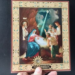 Nativity of Christ, Orthodox Icon with Relic Stone From Holy Land | High quality icon on wood | Size:  8,5" x 7,1"