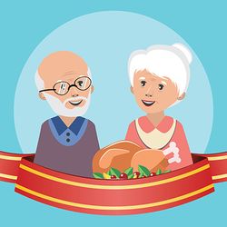 Cartoon grandparents with roasted turkey or chicken, traditional holiday meal