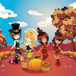 cartoon indians and pilgrims sharing food, thanksgiving celebration