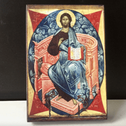 The Majestas (Maiestas) Domini | Saviour on Throne | Quality icon print on wood | Size: 14 x 10 x 2 cm