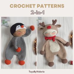 2-IN-1 Christmas Reindeer and Penguin Baby Lovey Amigurumi Crochet Patterns PDF, Crochet Dolls Amigurumi Tutorial ENG