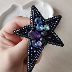 Star jewelry brooch beaded, brooch star, black star jewelry, star pin