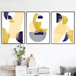 Geometric Abstract, Navy Yellow Wall Art Set Of 3 Posters, Large Scale Prints Modern Art, Triptych Abstract Set Of 3 Art