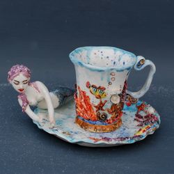 Mermaid figurine Tea cup and saucer set Porcelain art  Marine theme Tea set with decor Seashells Decorative tea  set
